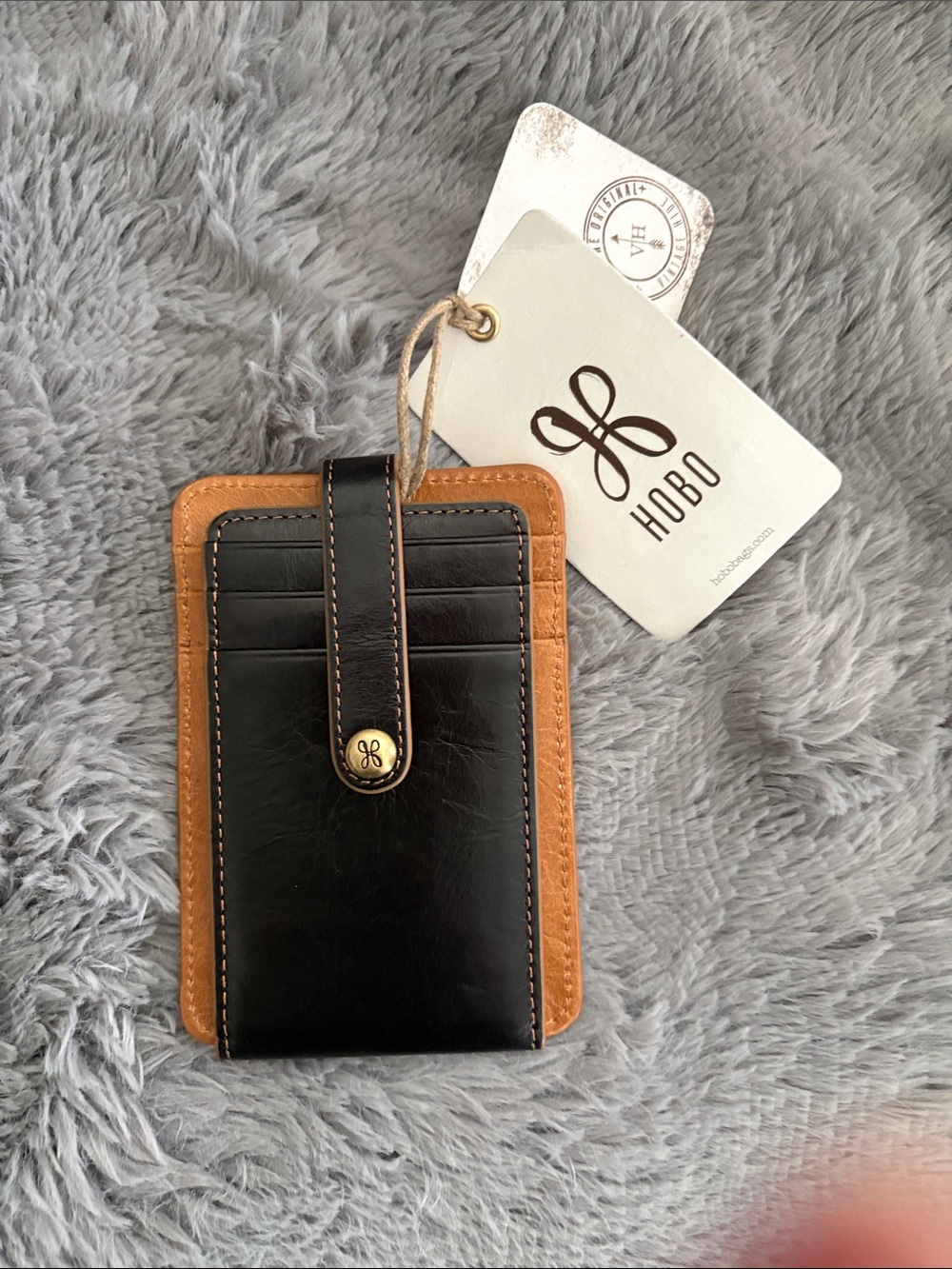 HOBO Black and Tan Leather Card Wallet with Snap Strap